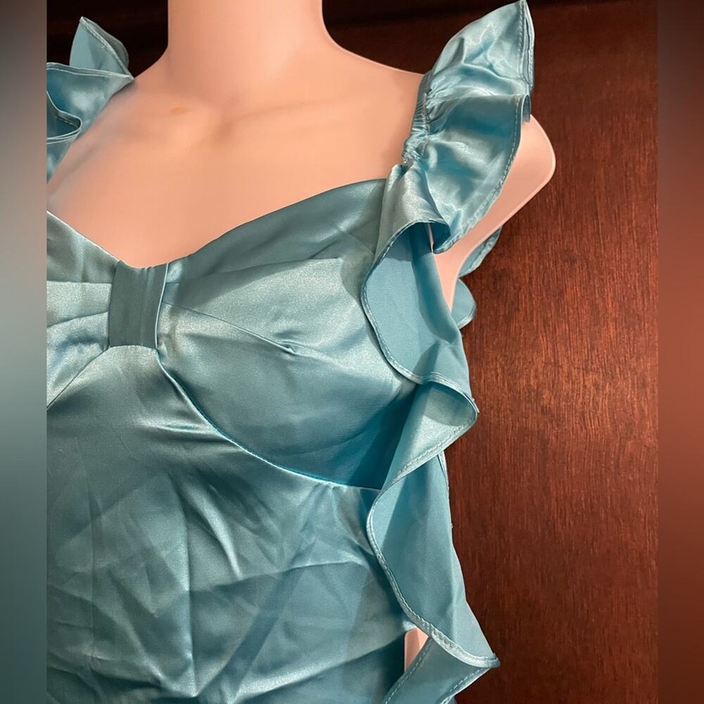 NWT Faeriesty Brand Satin Ruffle Mini Dress Size 2 XS NWT Aqua Blue Party Short - Picture 4 of 8